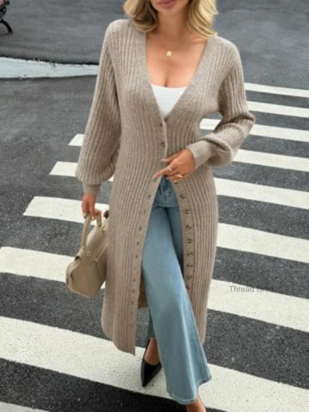 V Neck Button Down Chunky Knit Duster Sweater Coat Maxi Cardigan - Picture 3 of 7